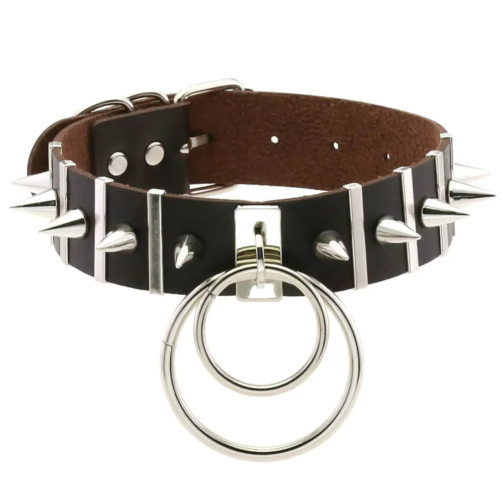 Harajuku Spike Rivet Double ring pendant Leather Choker