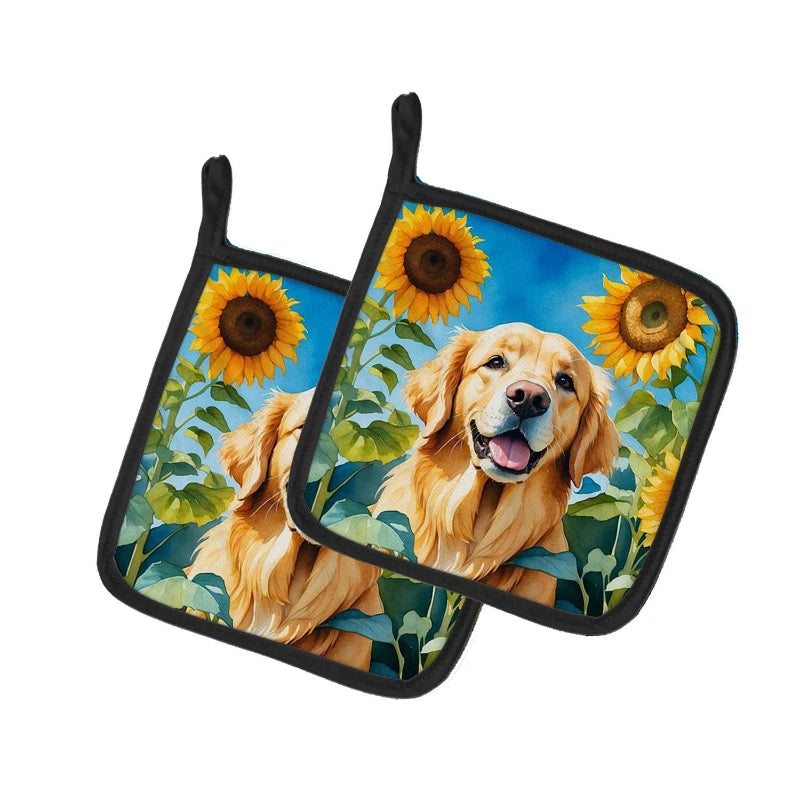 2Pcs Golden Retriever in Sunflower Heating Pad Set - Heat Resistant Pot Holders & Oven Mats Durable Non-Slip for Kitchen Cooking