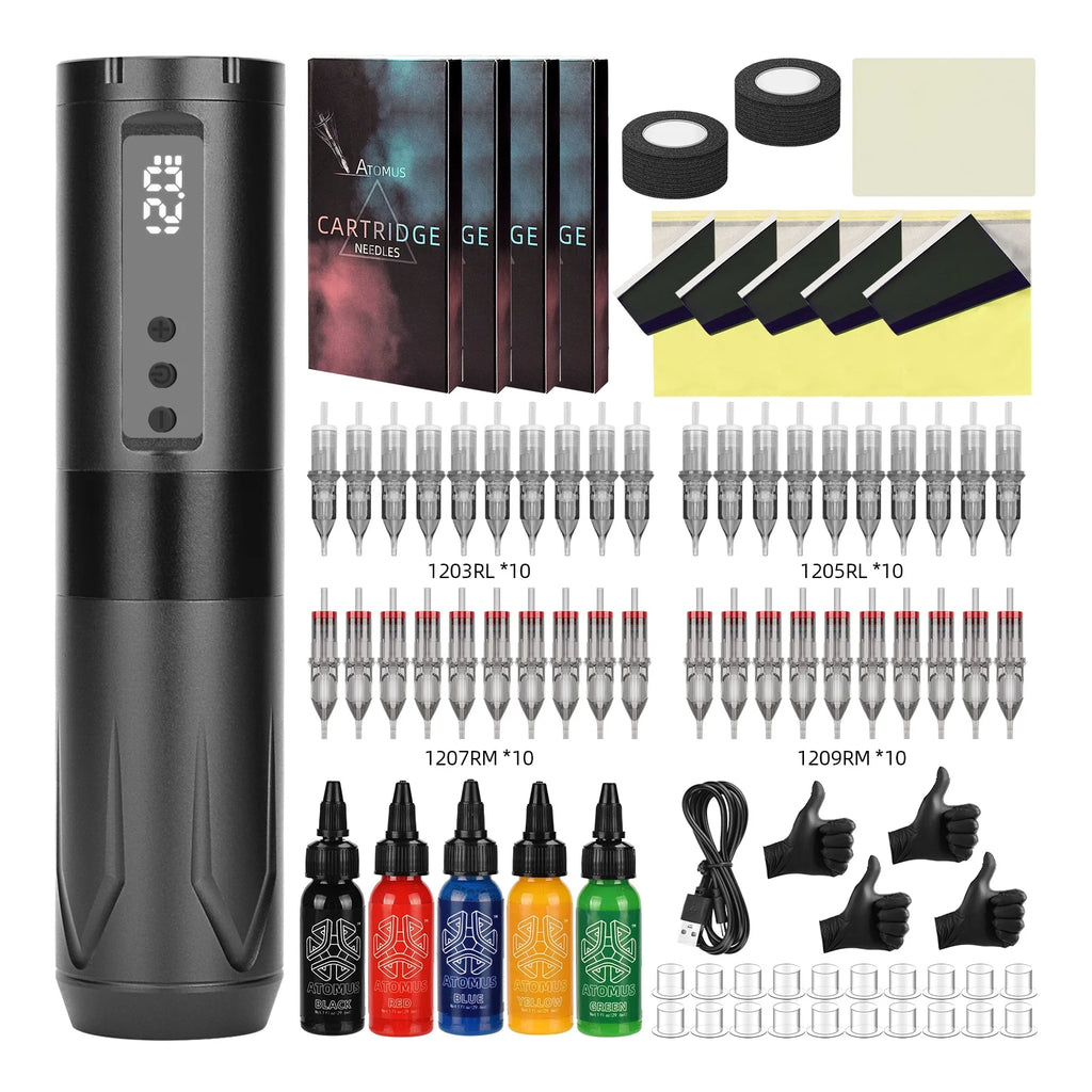 Wireless Rotary Tattoo Machine Pen Kit Tattoo Ink with Tattoo Cartridge Needles 3RL 5RL 7RM 9RM Professional Permanent Makeup