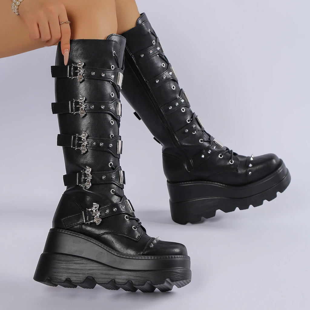 Black Gothic Buckle Platform Knee-High Boots