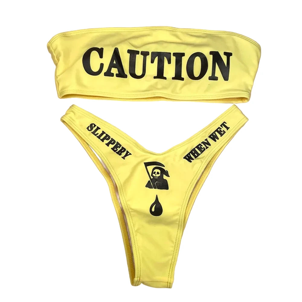 Y2K Gothic Caution Skeleton Bandeau Bikini Set