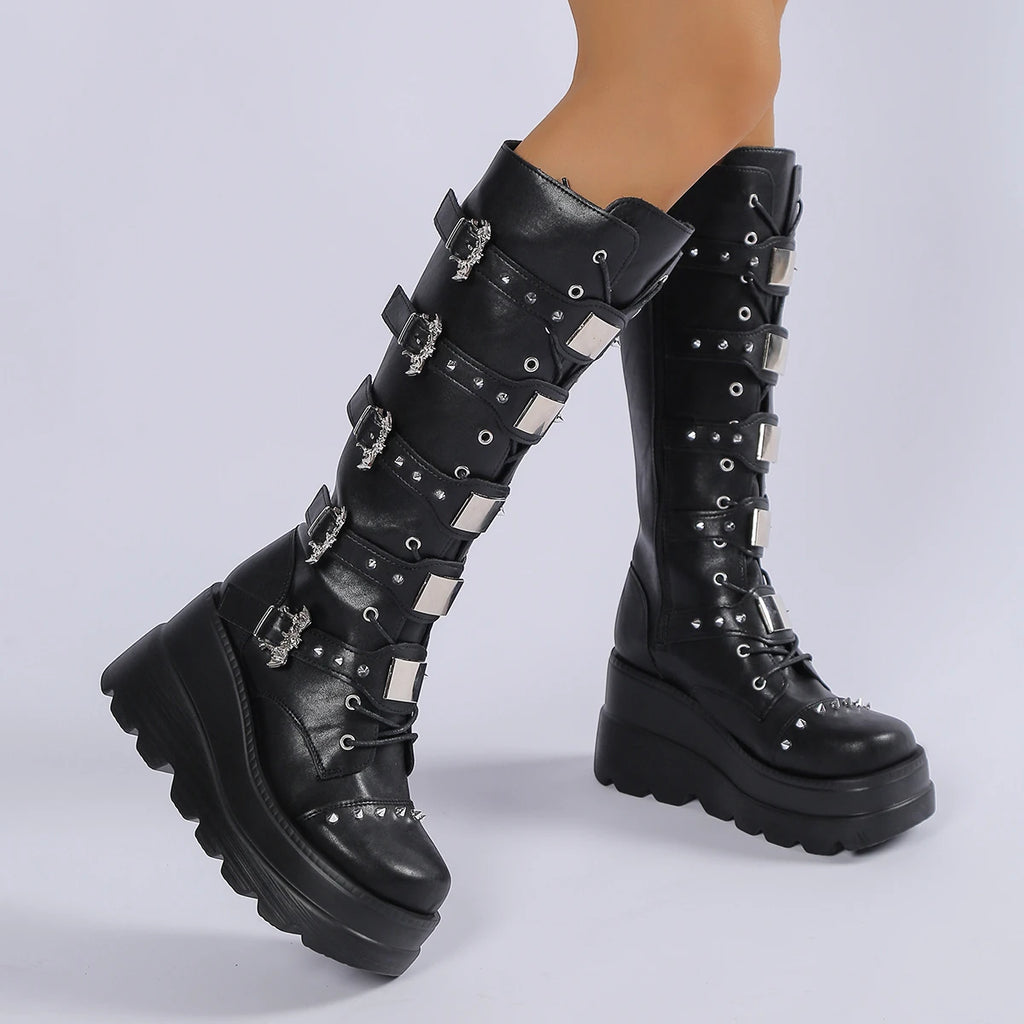 Black Gothic Buckle Platform Knee-High Boots