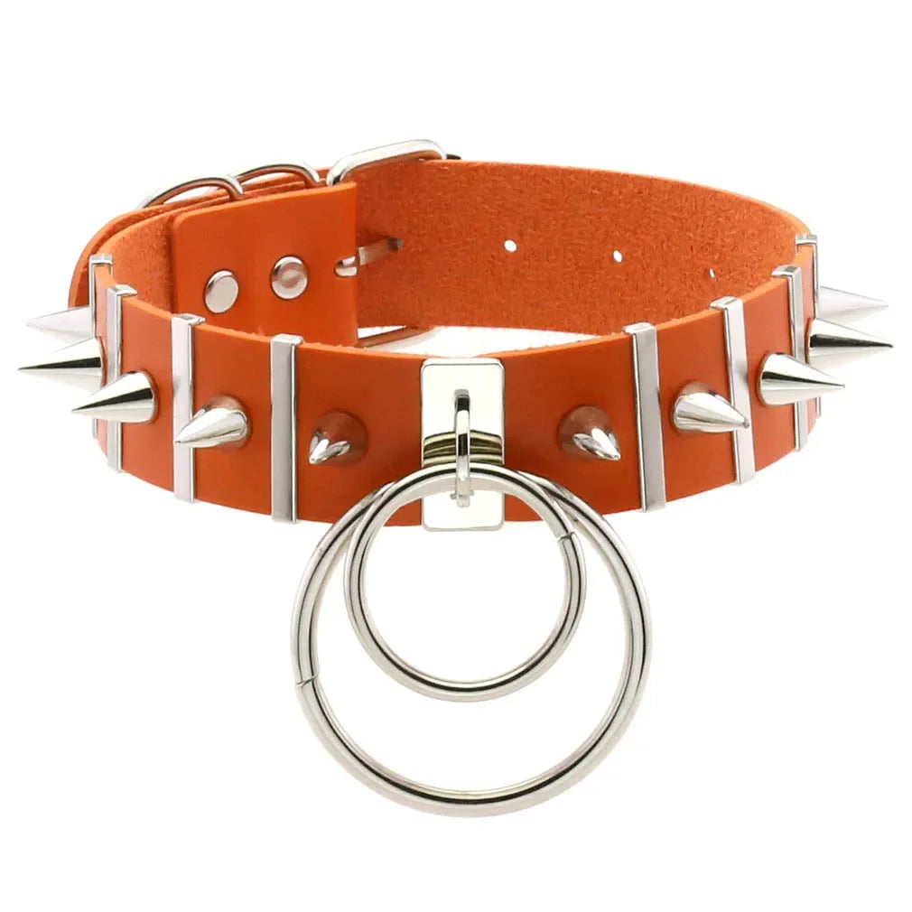 Harajuku Spike Rivet Double ring pendant Leather Choker