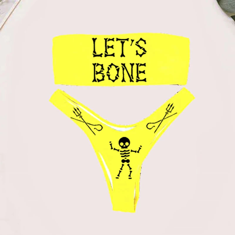 Y2K Gothic Caution Skeleton Bandeau Bikini Set