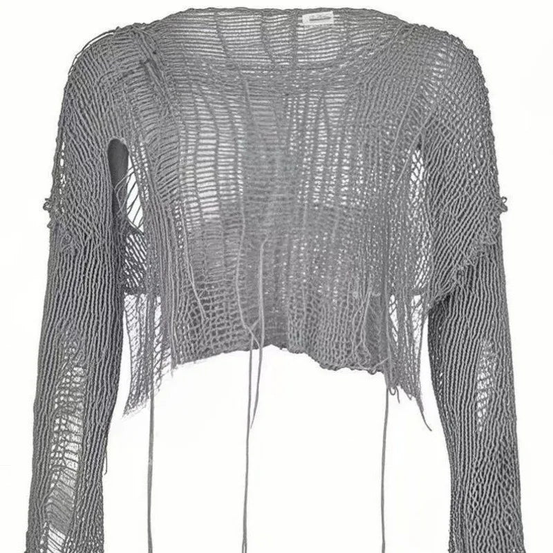 Distressed Sheer Knit Gothic Crop Sweater
