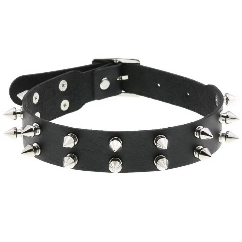 Double Row Rivet Spike Leather Choker