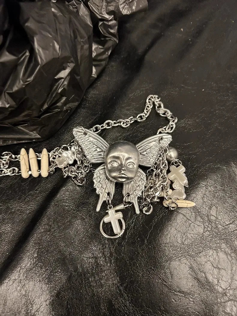 Y2K Punk Doll Face Butterfly Chain Necklace