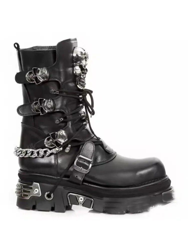Black Gothic Skull & Chain Leather Combat Boots