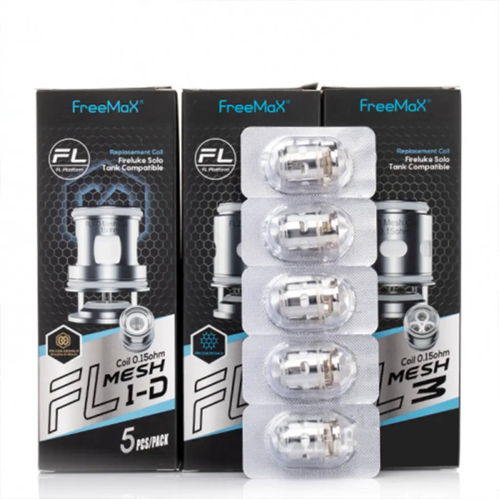 FreeMax FL1-D, FL2 and FL3 five-pack boxes with sealed coil blister packaging