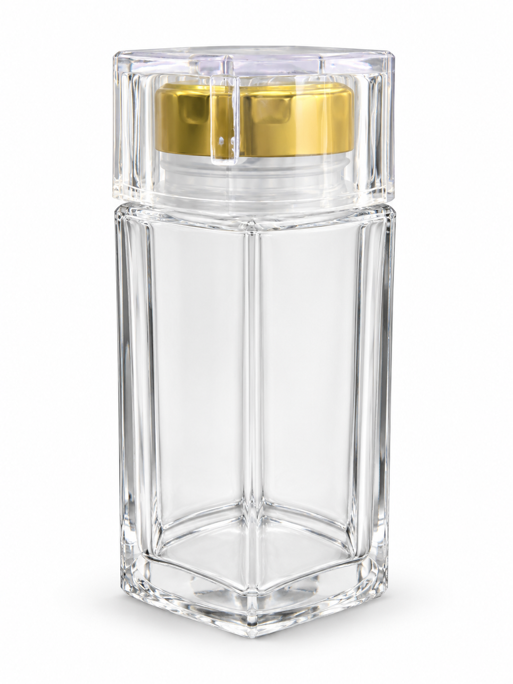 GBGC120 clear hexagonal storage jar with gold-tone inner lid and clear outer cover on white background