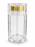 GBGC120 clear hexagonal storage jar with gold-tone inner lid and clear outer cover on white background