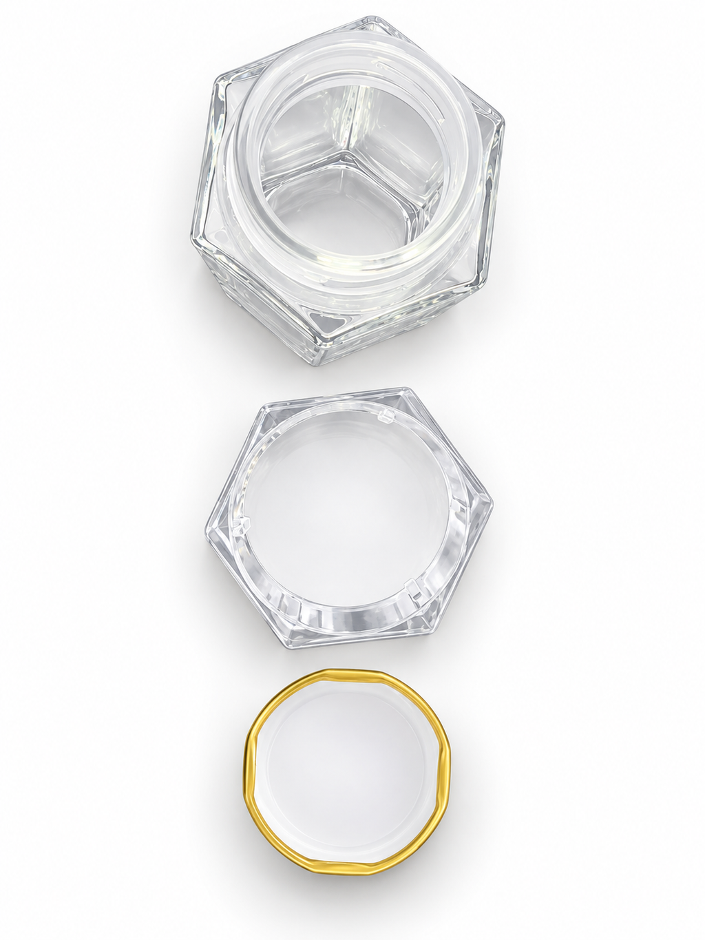 GBGC120 clear hexagonal jar opened with separate clear outer cover and gold-tone inner lid on white background