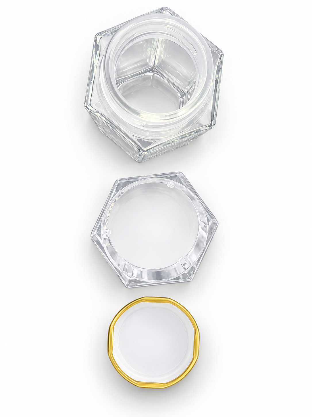 GBGC120 clear hexagonal jar opened with separate clear outer cover and gold-tone inner lid on white background