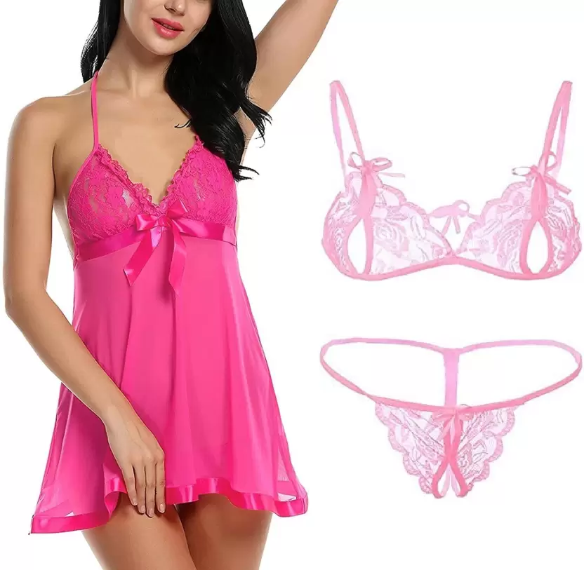 Bra & Panty Set Self Design Pink Lingerie Set (Size 38)