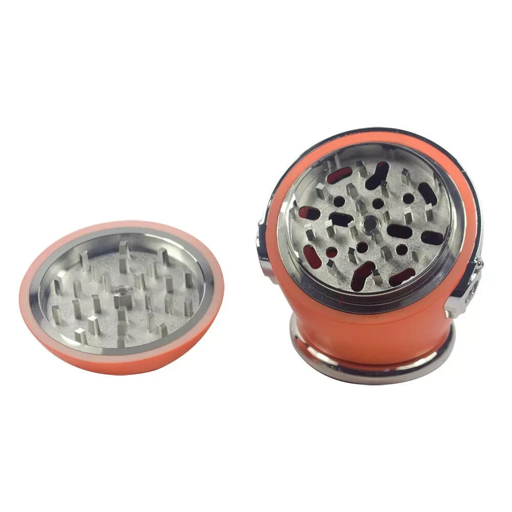 Orange skull helmet grinder opened from an angled side view