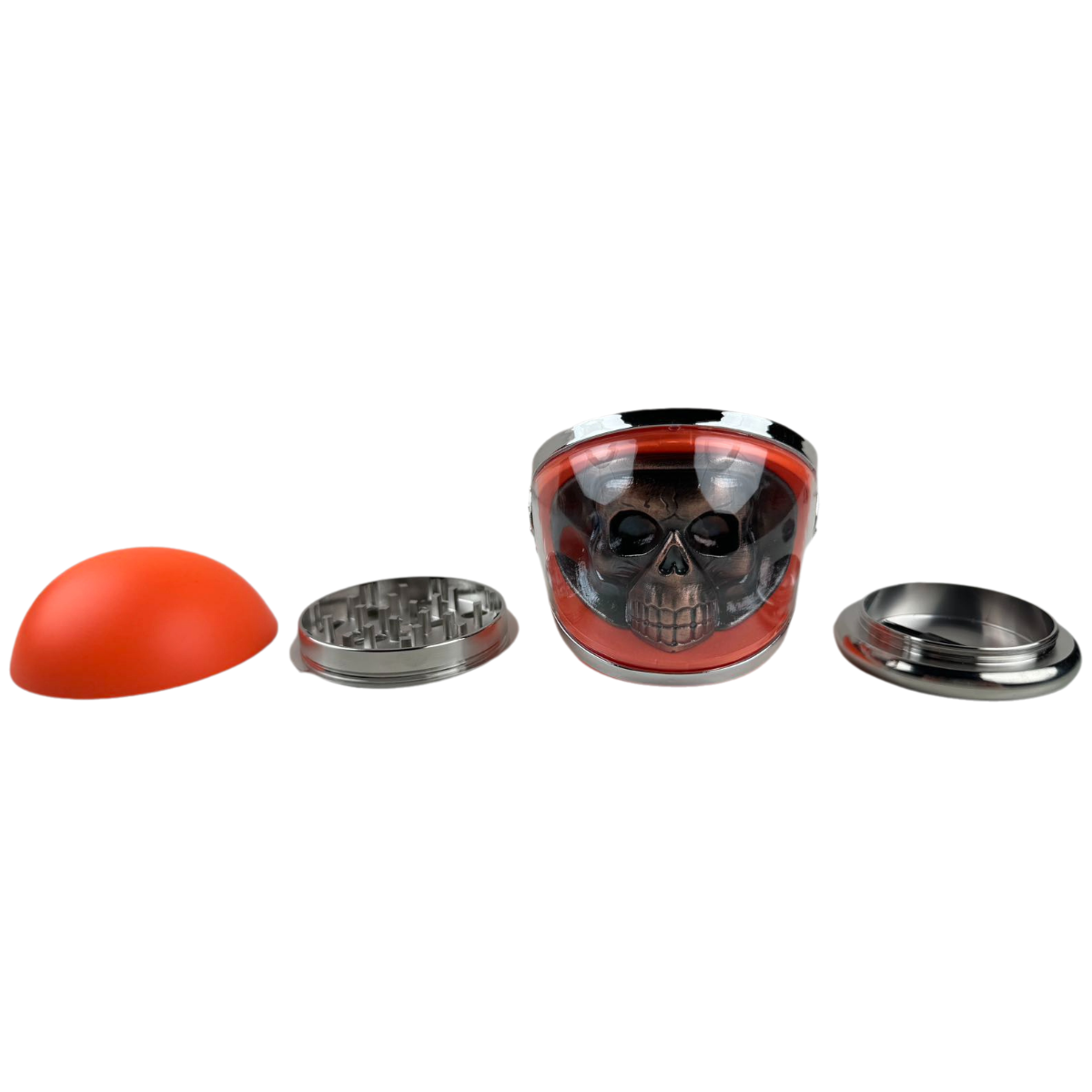 Orange GR344 skull helmet grinder separated into four pieces