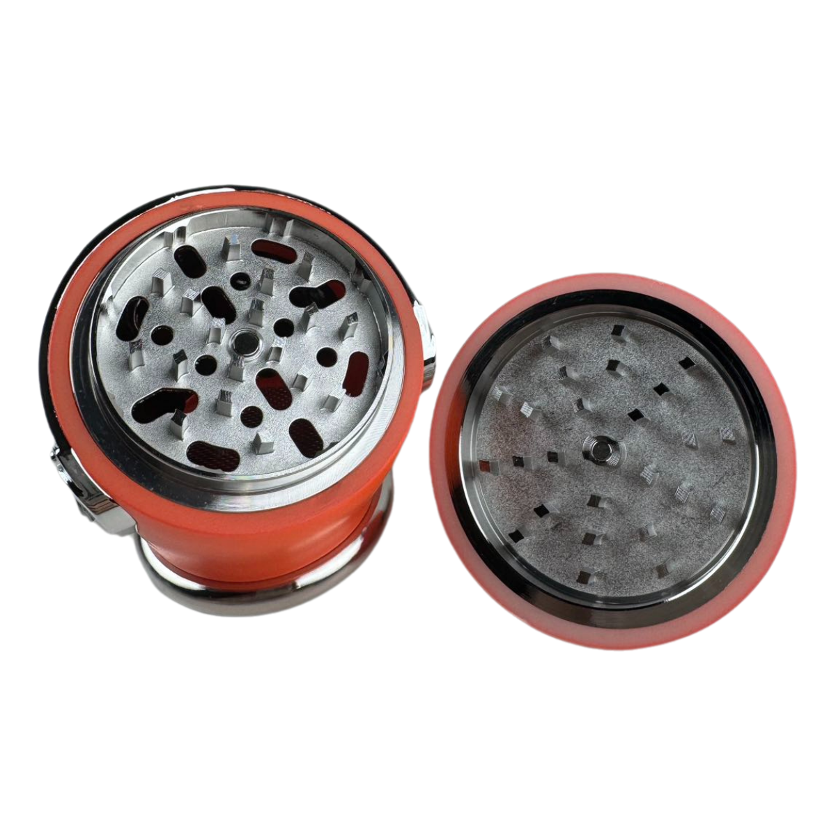 Orange GR344 grinder viewed from above showing teeth and pass-through holes