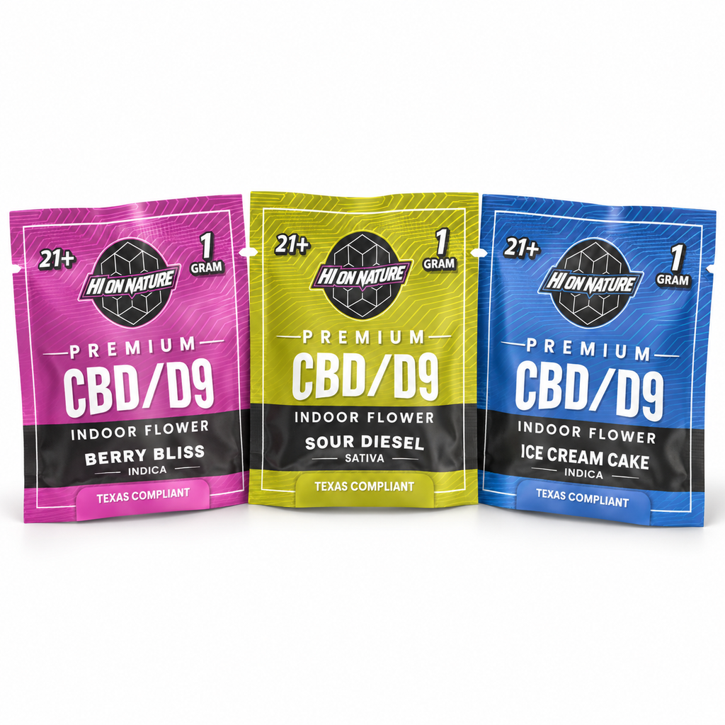 Hi On Nature CBD/D9 Indoor Flower 1g pouches — Berry Bliss, Sour Diesel and Ice Cream Cake; sold individually