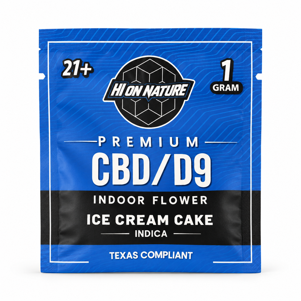 Hi On Nature Ice Cream Cake CBD/D9 Indoor Flower 1g pouch — front view