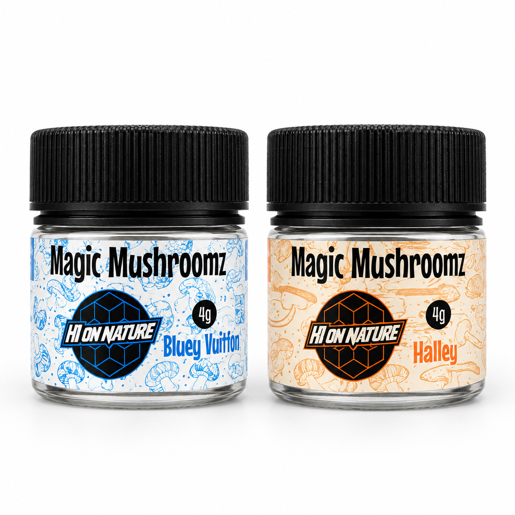 Hi On Nature Magic Mushroomz 4g jars — Bluey Vuitton and Halley, front presentation
