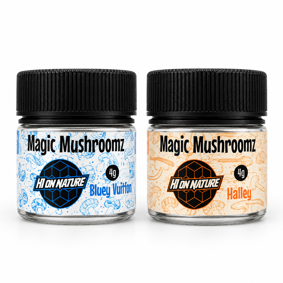 Hi On Nature Magic Mushroomz 4g jars — Bluey Vuitton and Halley, front presentation