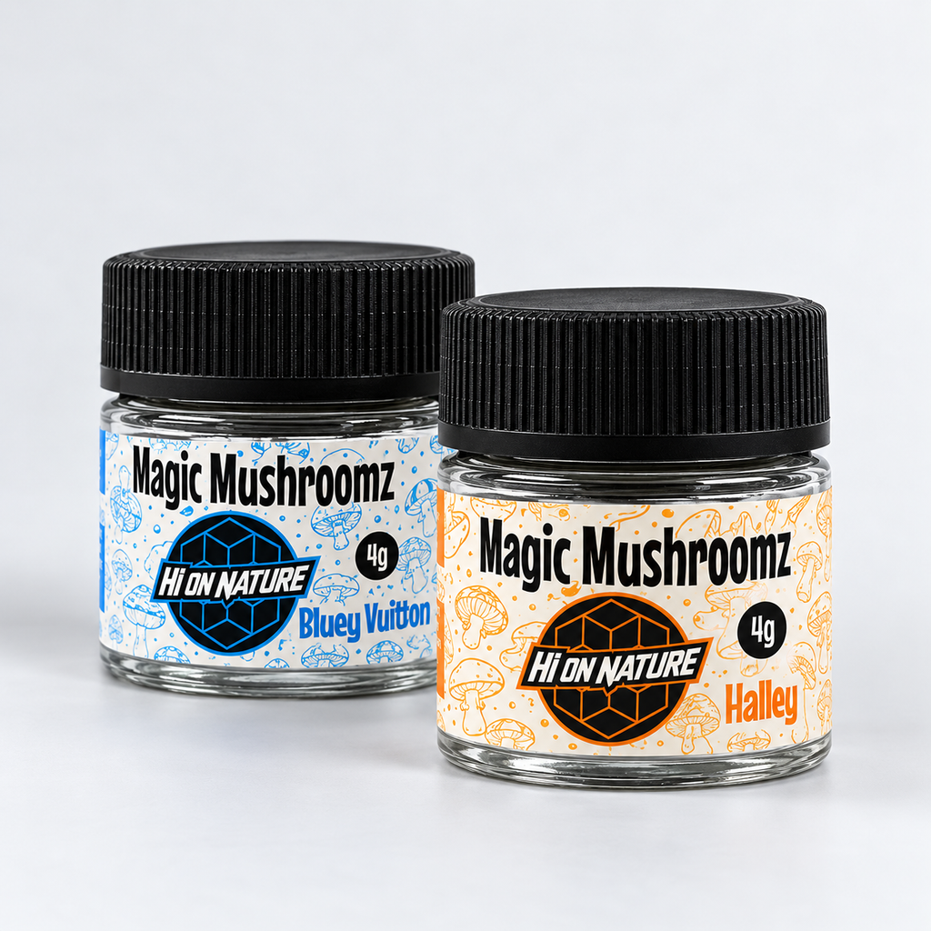 Hi On Nature Magic Mushroomz 4g jars — Bluey Vuitton and Halley, studio presentation