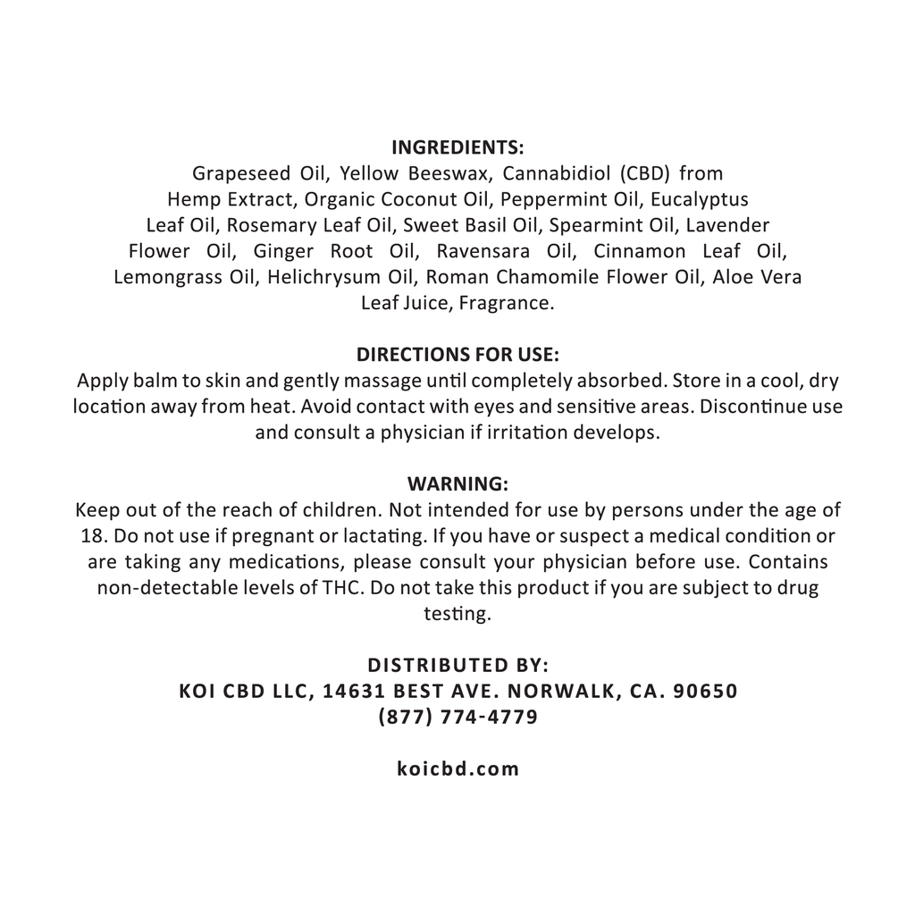 Koi Naturals Broad Spectrum CBD Balm – directions label
