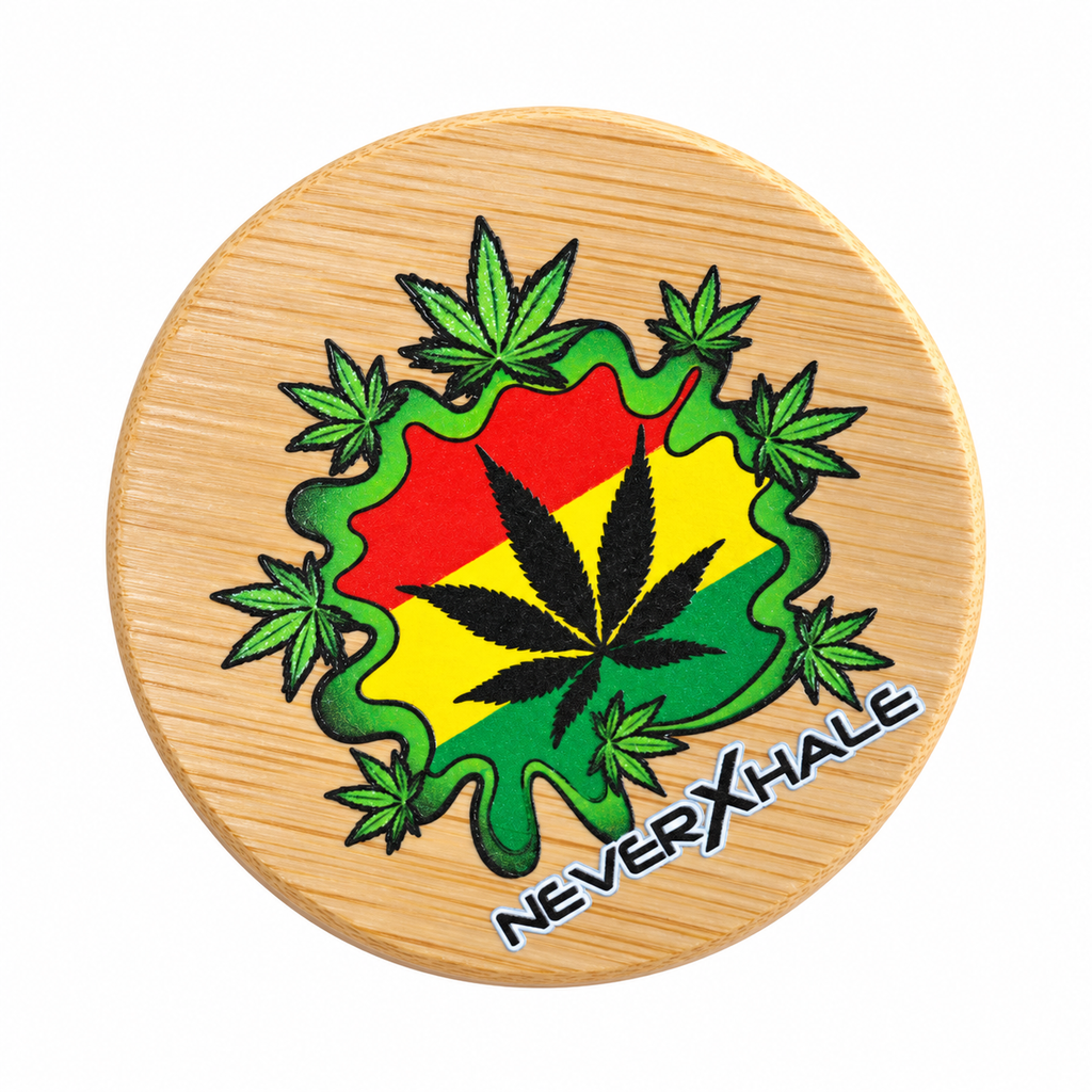 NeverXhale Rasta Leaf artwork on bamboo jar lid, digitally edited actual product photo on white background