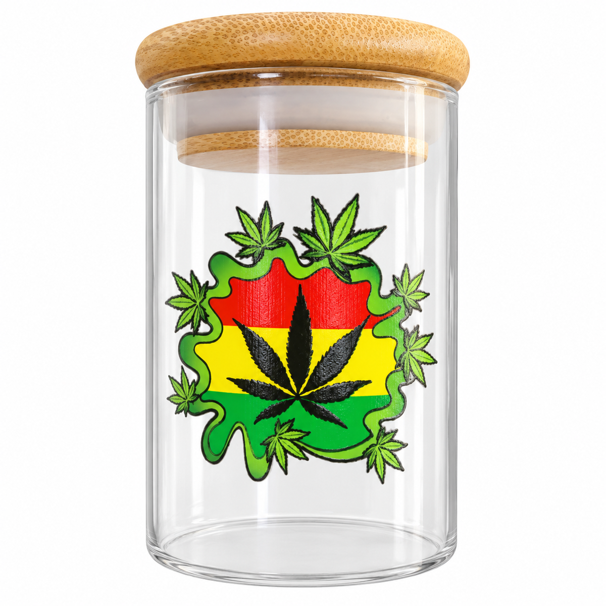 NeverXhale Rasta Leaf clear storage jar with bamboo lid, digitally edited actual product photo on white background
