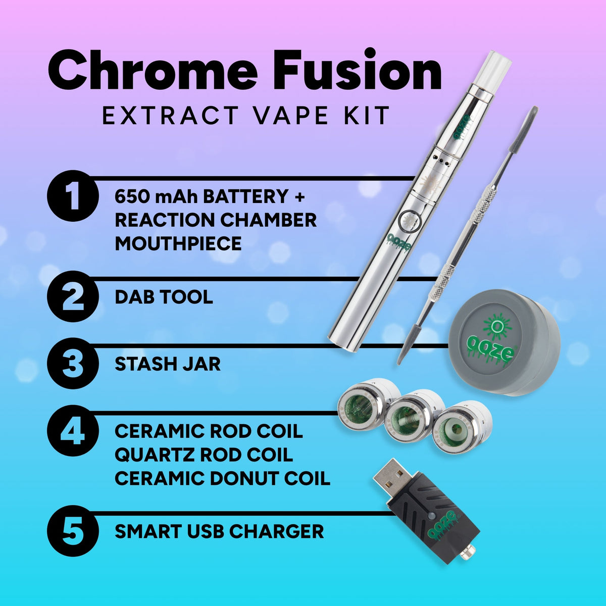 Ooze Fusion Vaporizer Kit Cosmic Chrome - official kit contents view