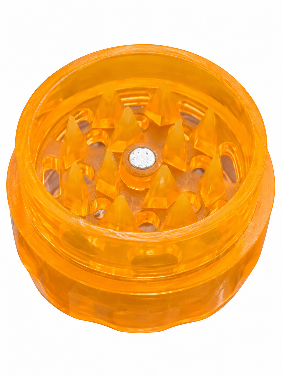 Orange cone packer grinder detail showing molded teeth and center magnet