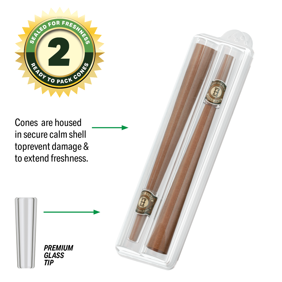Hemper Pre-Rolled 2PK Glass Tipped Hemp Cones | King Size - 12ct Display
