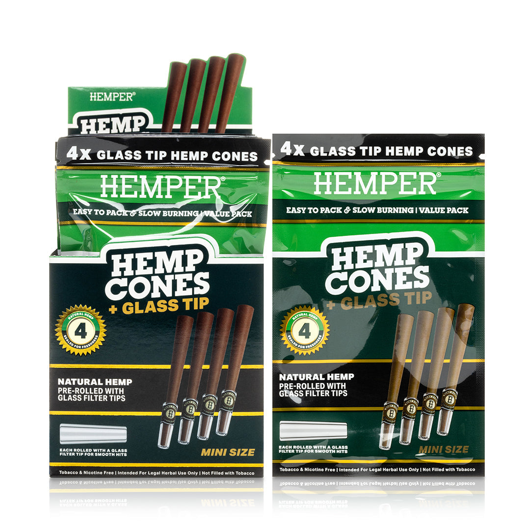Hemper Pre-Rolled 4PK Glass Tipped Hemp Cones | Mini Size - 12ct Display