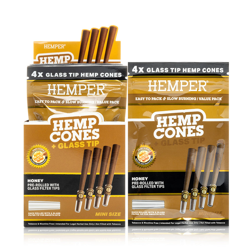 Hemper Pre-Rolled 4PK Glass Tipped Hemp Cones | Mini Size - 12ct Display