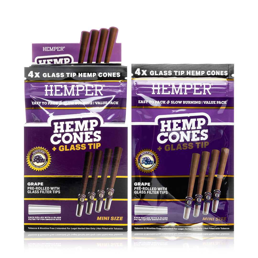 Hemper Pre-Rolled 4PK Glass Tipped Hemp Cones | Mini Size - 12ct Display
