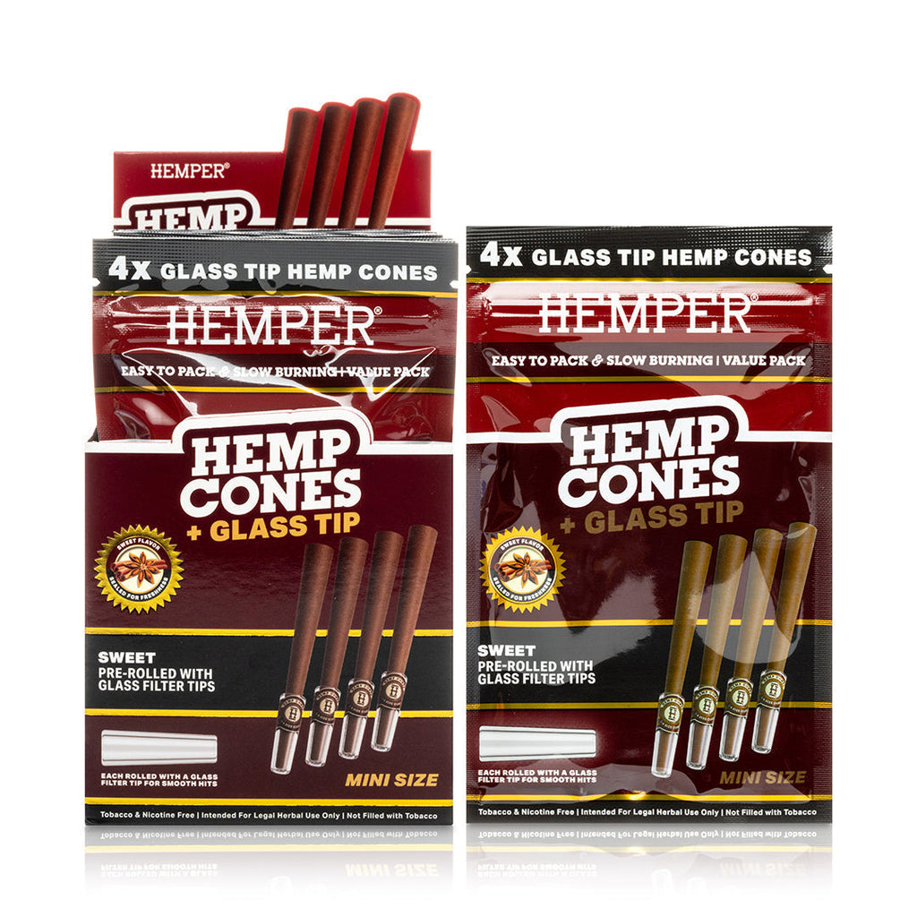 Hemper Pre-Rolled 4PK Glass Tipped Hemp Cones | Mini Size - 12ct Display