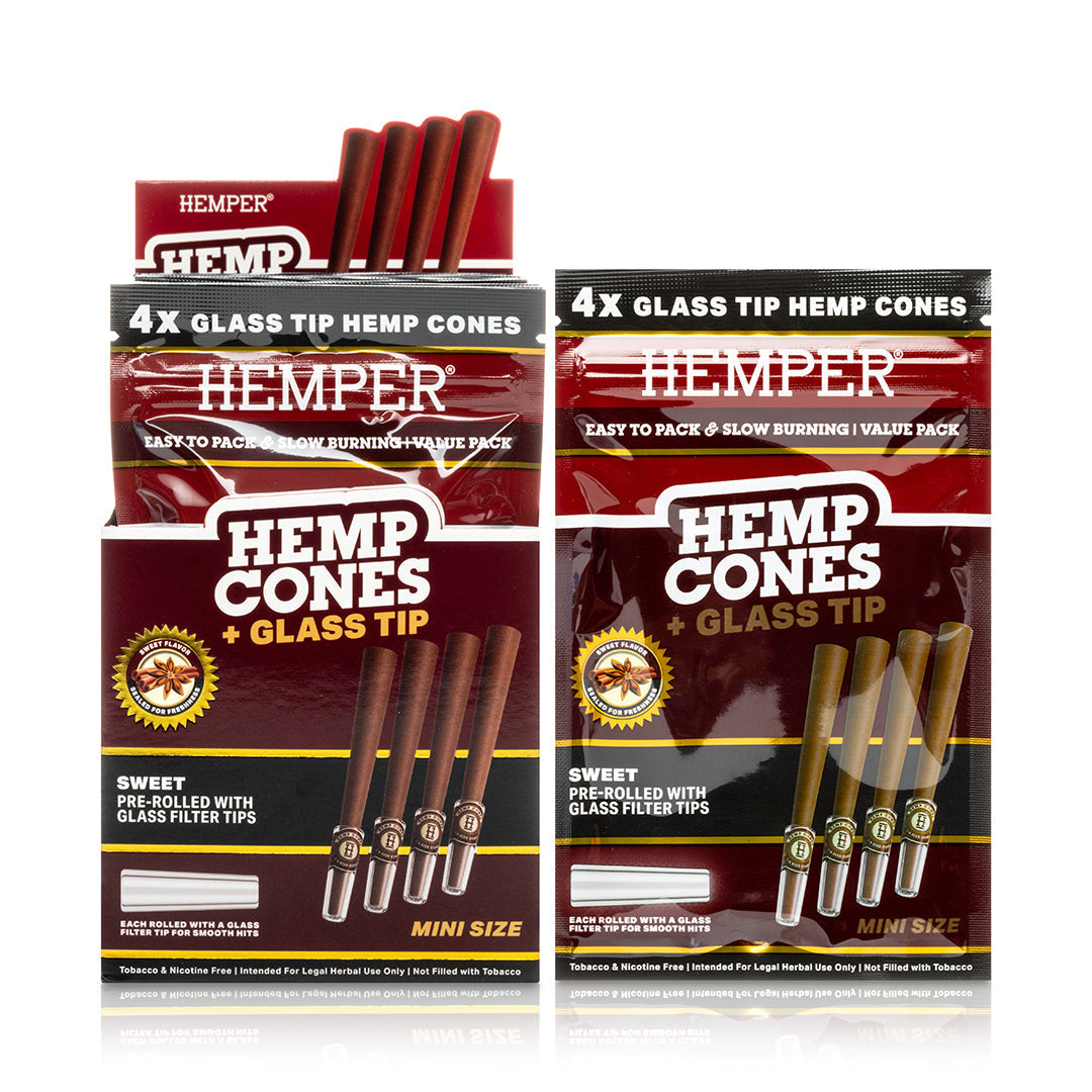 Hemper Pre-Rolled 4PK Glass Tipped Hemp Cones | Mini Size - 12ct Display