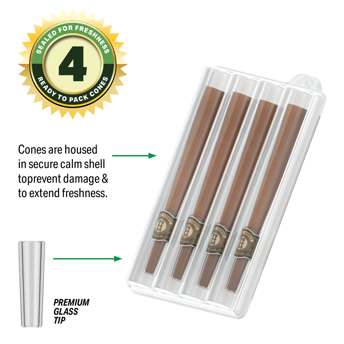 Hemper Pre-Rolled 4PK Glass Tipped Hemp Cones | Mini Size - 12ct Display