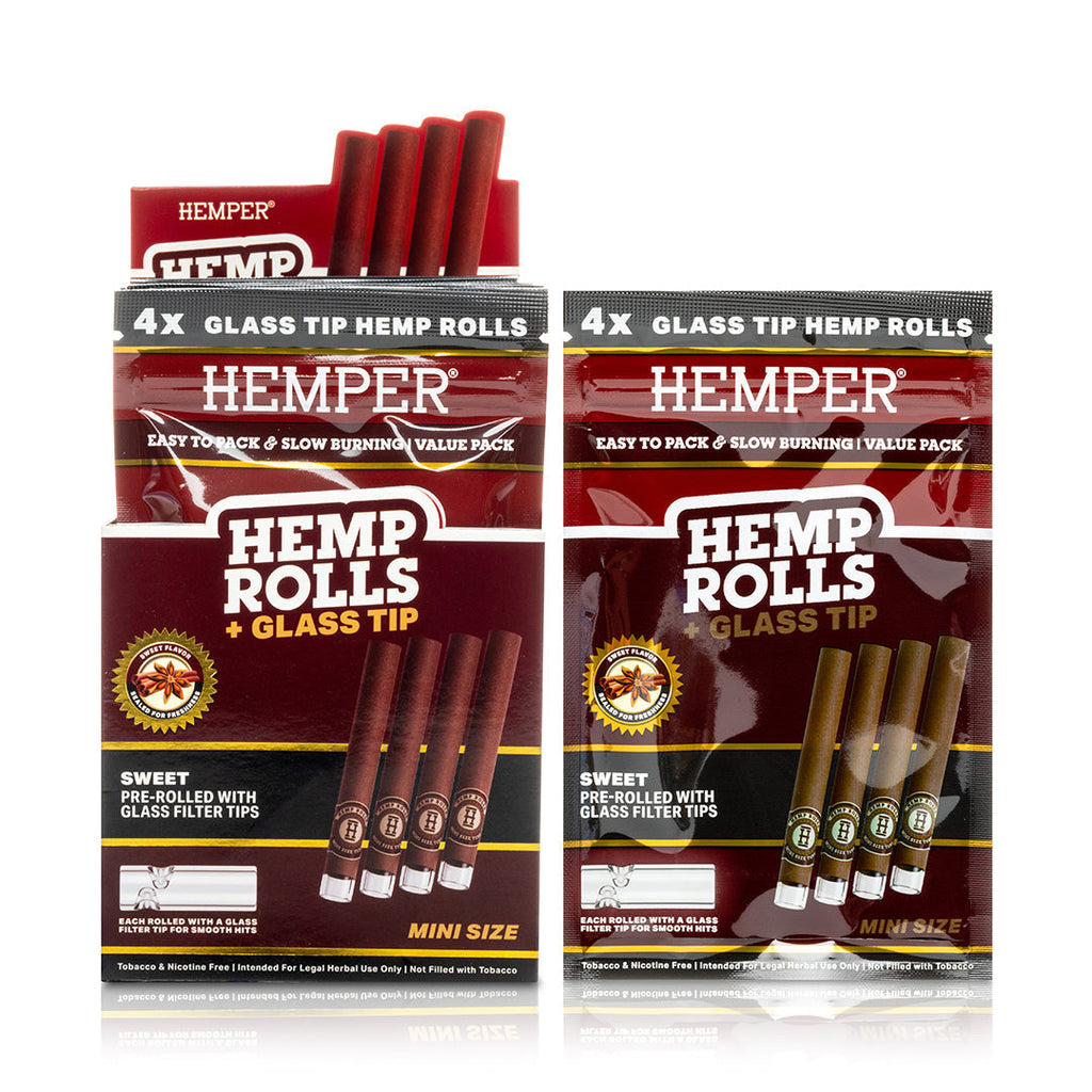 Hemper Pre-Rolled 4PK Glass Tipped Hemp Rolls | Mini Size - 12ct Display
