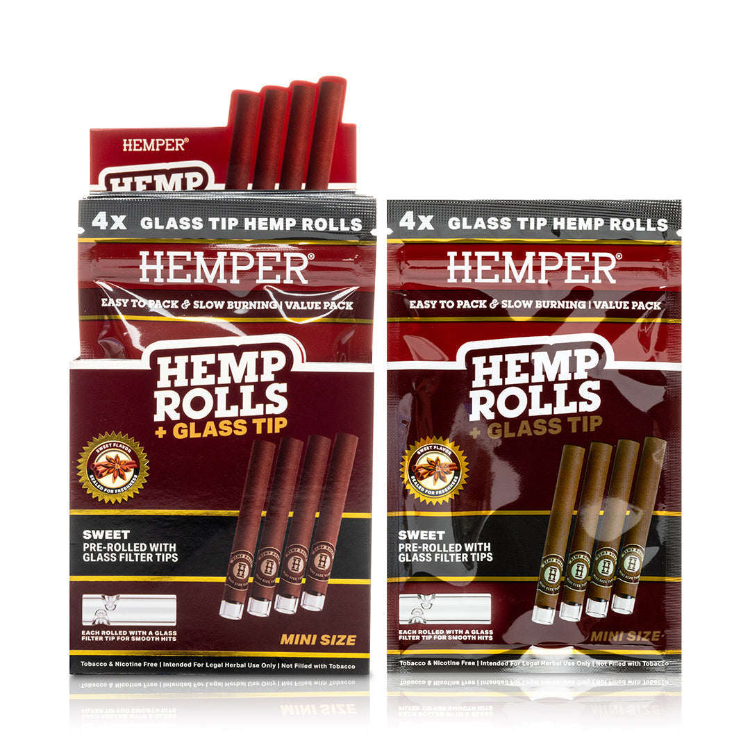 Hemper Pre-Rolled 4PK Glass Tipped Hemp Rolls | Mini Size - 12ct Display