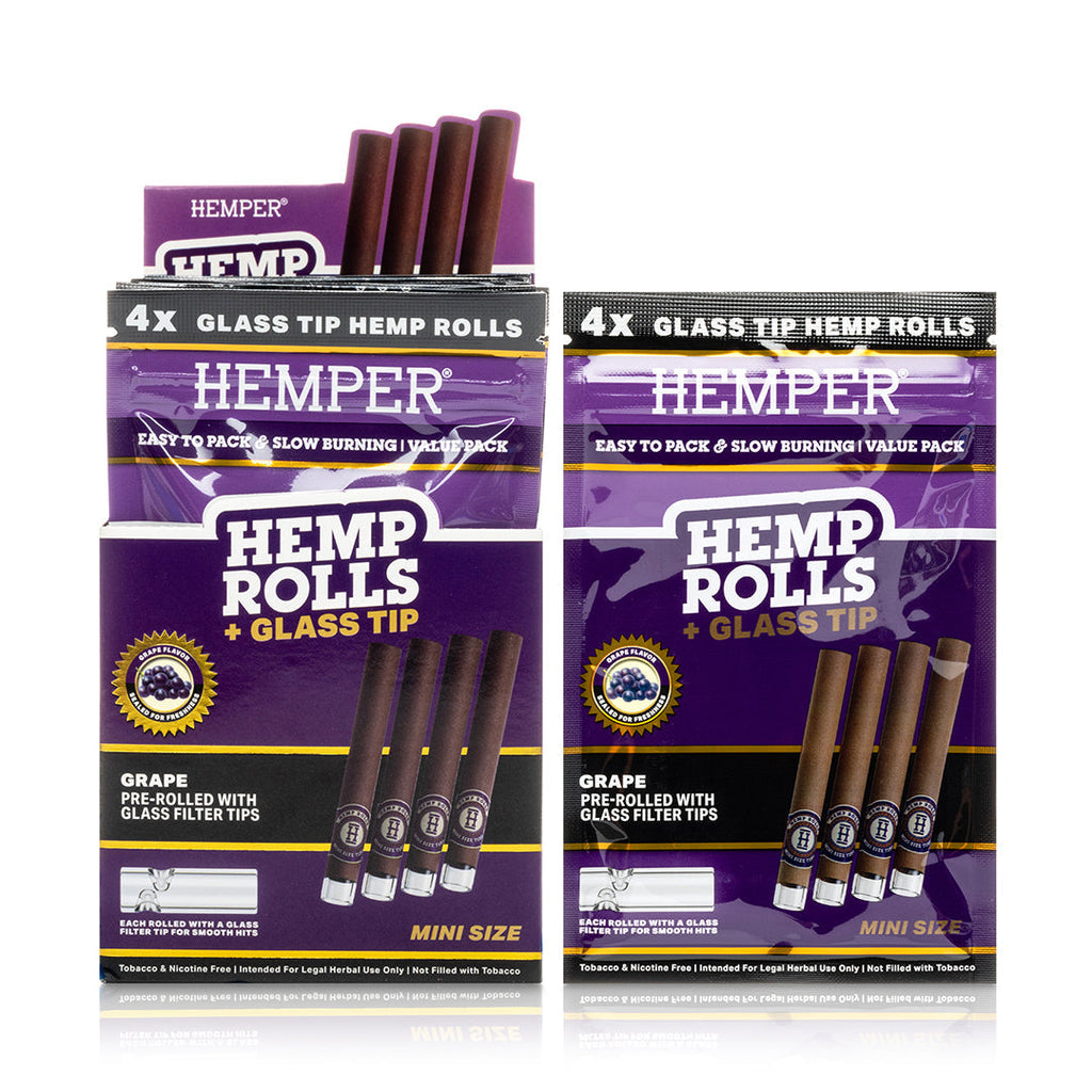 Hemper Pre-Rolled 4PK Glass Tipped Hemp Rolls | Mini Size - 12ct Display