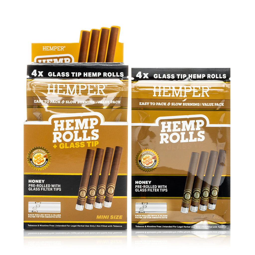 Hemper Pre-Rolled 4PK Glass Tipped Hemp Rolls | Mini Size - 12ct Display