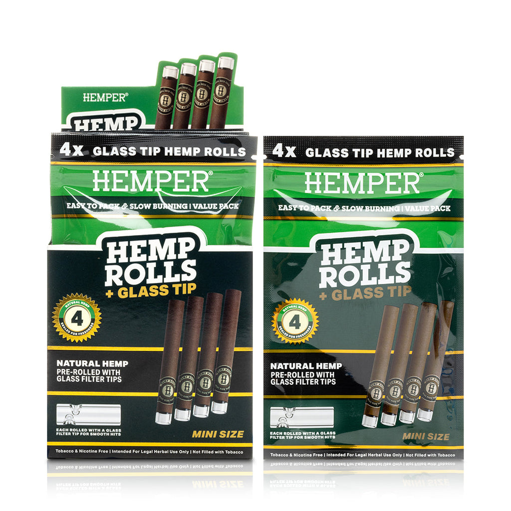 Hemper Pre-Rolled 4PK Glass Tipped Hemp Rolls | Mini Size - 12ct Display