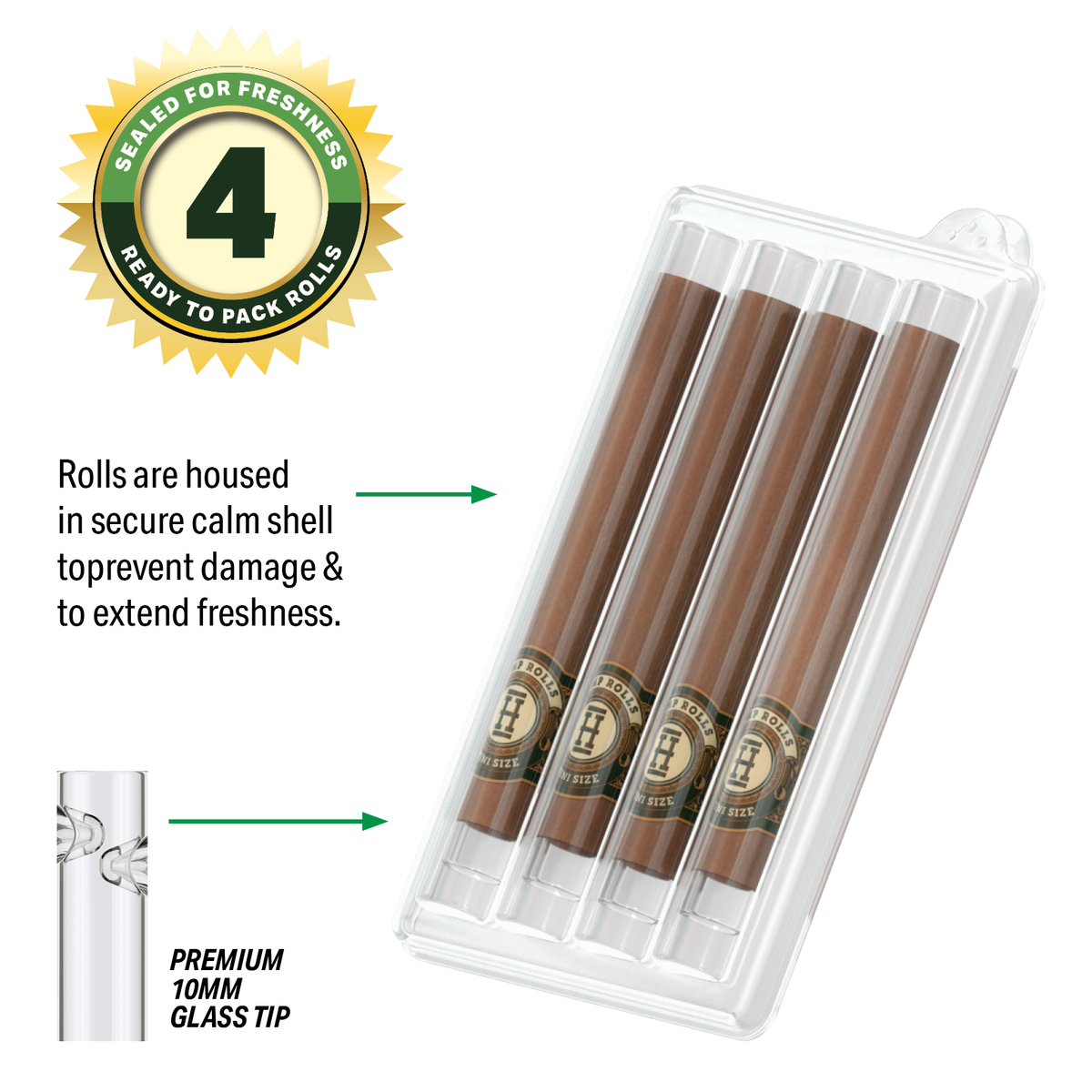 Hemper Pre-Rolled 4PK Glass Tipped Hemp Rolls | Mini Size - 12ct Display