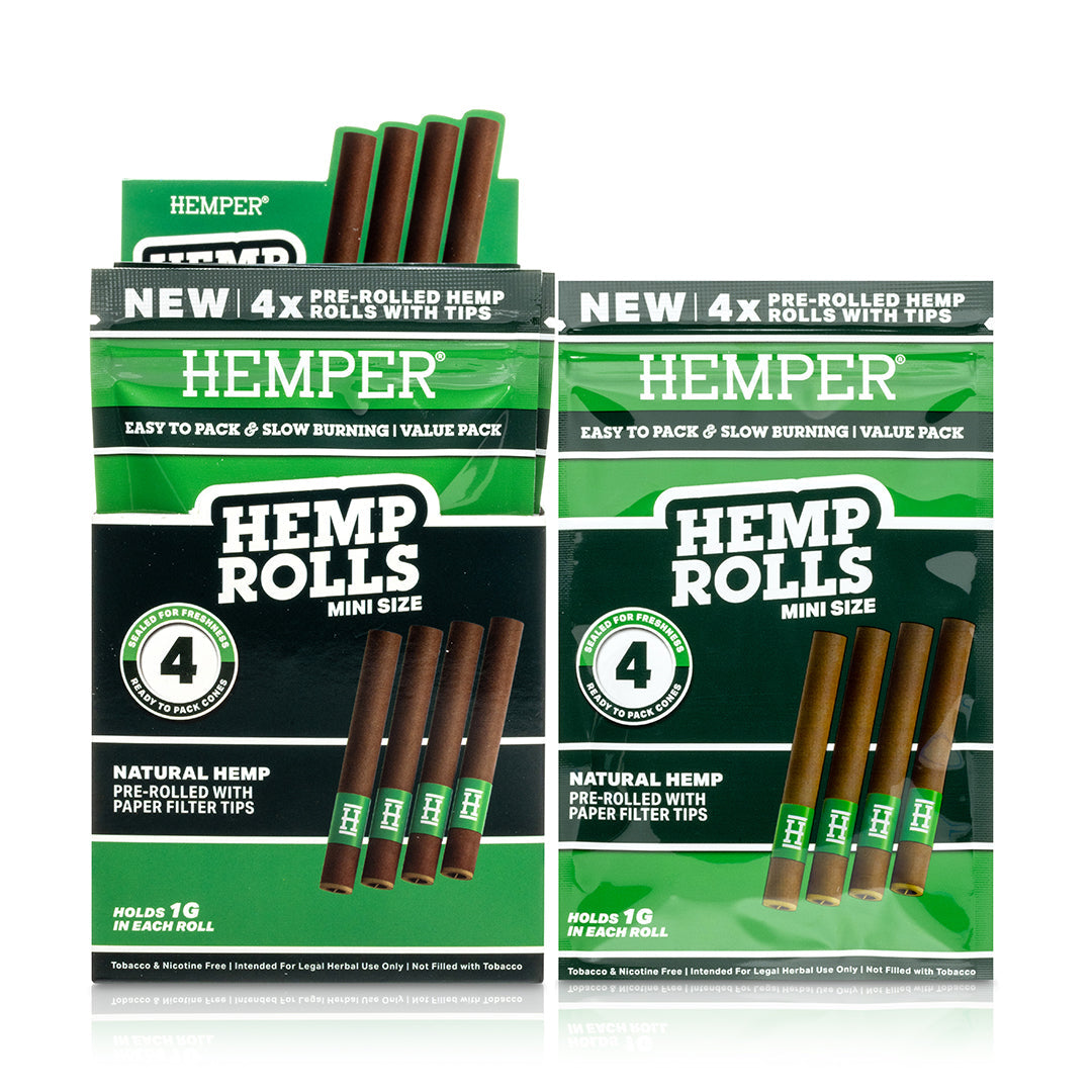 Hemper Pre-Rolled 4PK Paper Tip Hemp Rolls | Mini Size - 12ct Display