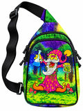 Green and purple sling bag with a colorful cartoon wizard and mushrooms on a white background
