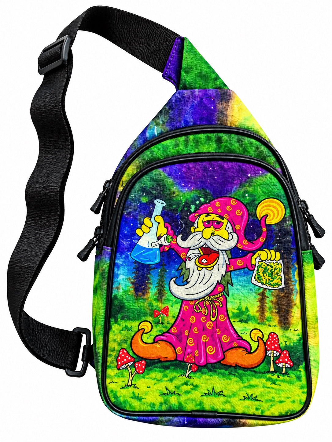 Green and purple sling bag with a colorful cartoon wizard and mushrooms on a white background