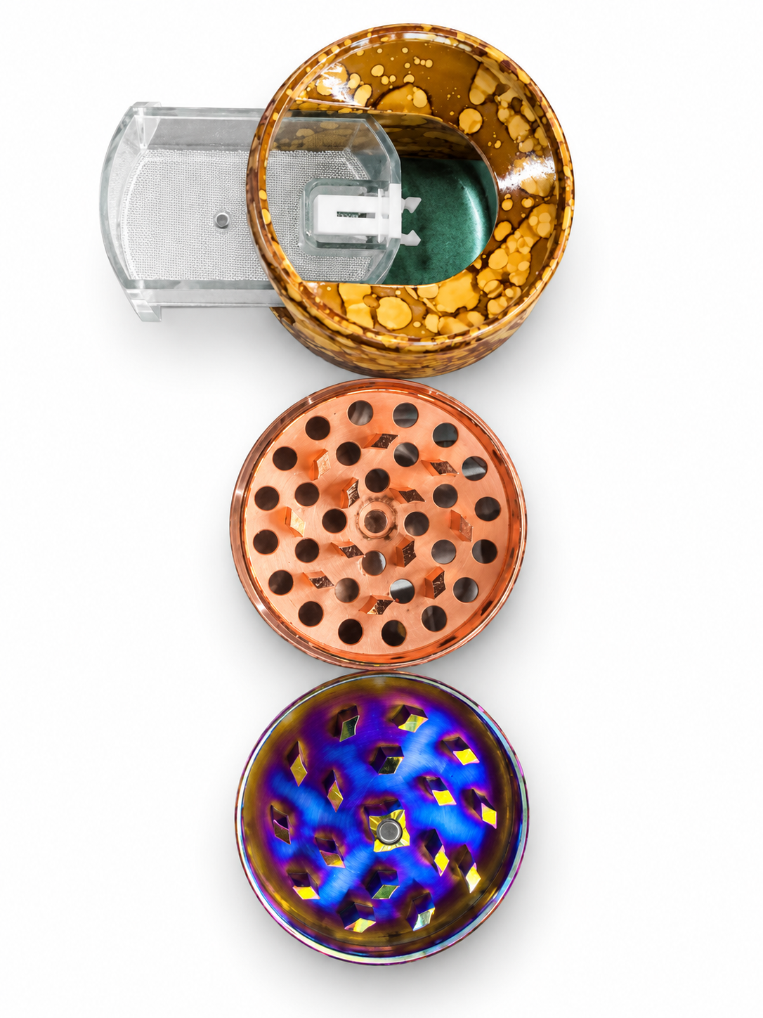 Rainbow wheel-lid grinder opened showing copper teeth, mottled body, window and removable slide-out mesh screen