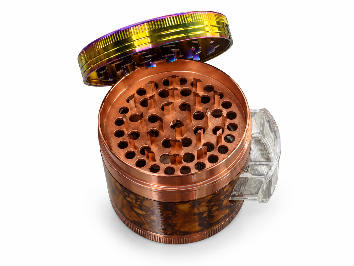 Rasta Colors Portrait variant with mottled brown body shown open, copper grinding teeth and clear slide-out screen