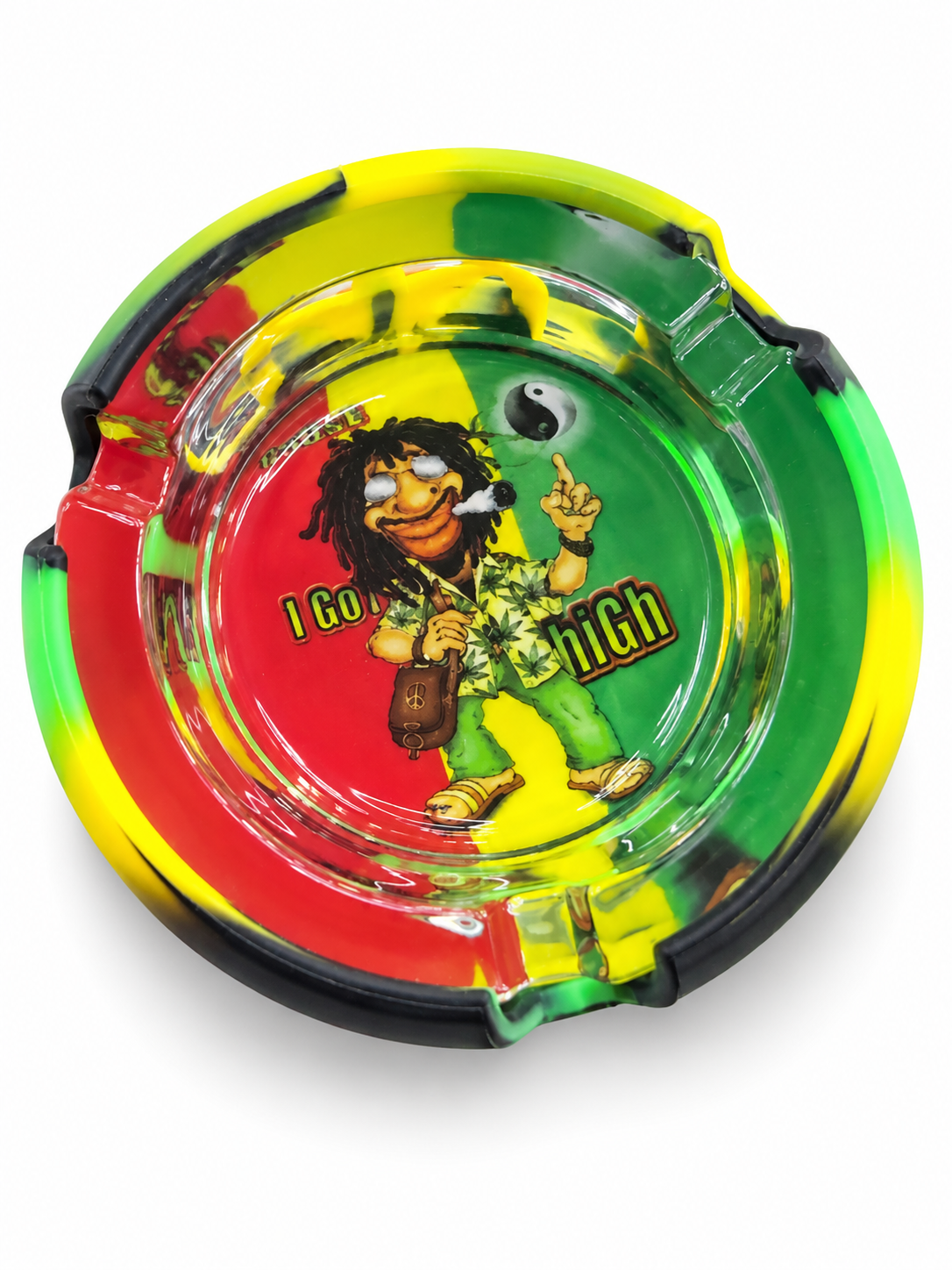 Rasta graphic round glass ashtray with yellow green and black silicone sleeve on white background